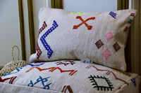 Two Handwoven Moroccan Kilim Pouf Lumbar Pillow Set, Embroidered Wool Floor Cushion