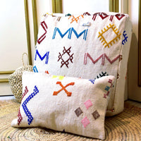 Two Handwoven Moroccan Kilim Pouf Lumbar Pillow Set, Embroidered Wool Floor Cushion