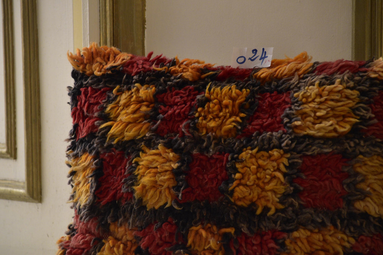 Two Vintage Moroccan Boujad Pillow | Shaggy Checkerboard Wool Cushion 16x20 Vintage